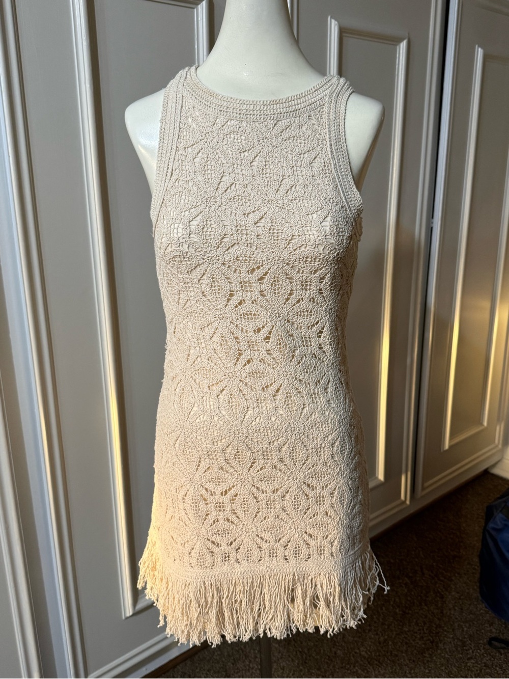 Sleeveless Crochet Fringe Dress in Cream